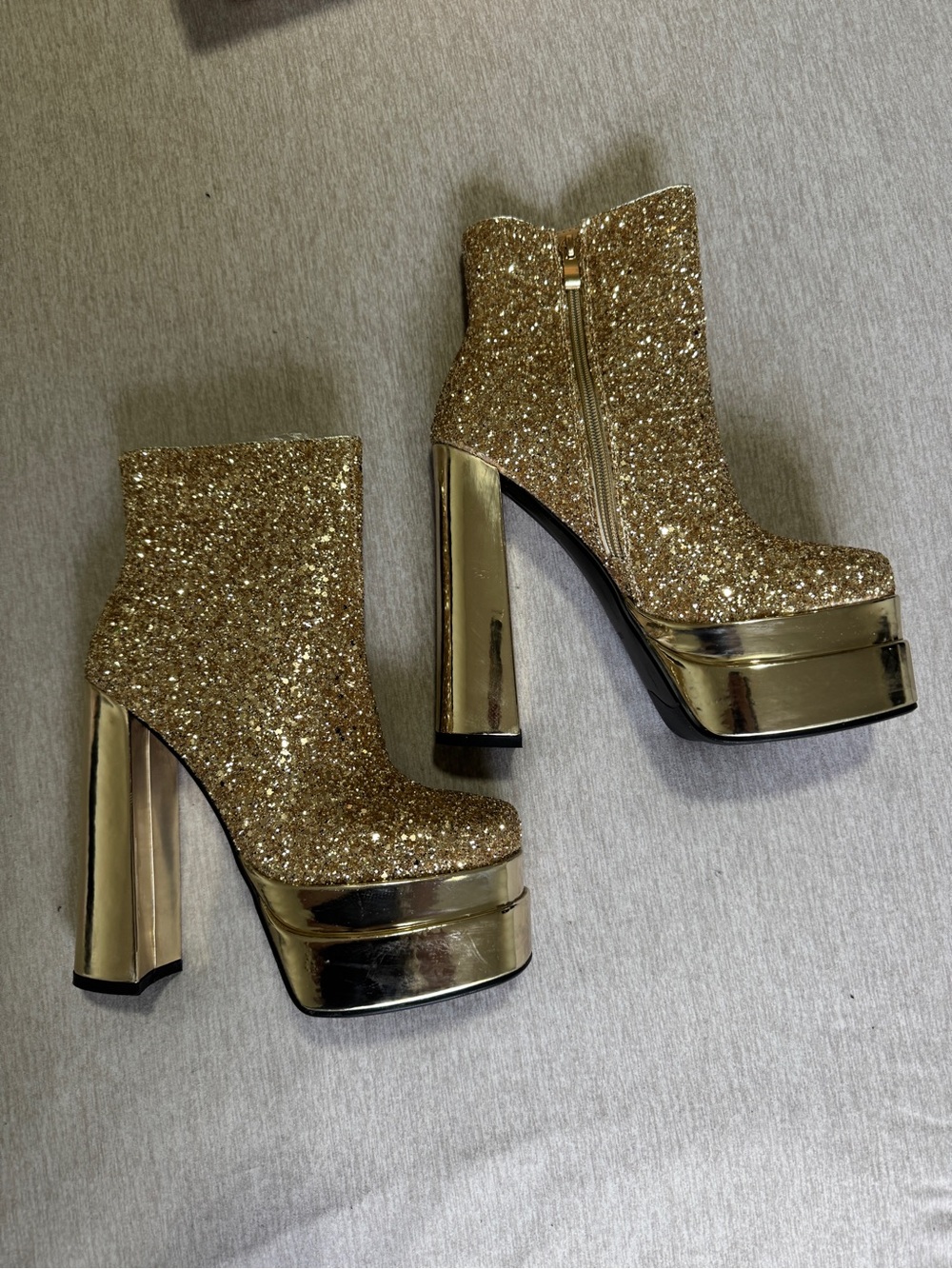 Gold Glitter Platform Boots Disco 70s Block Heel EU 38 US 7.5 - Picture 3 of 5